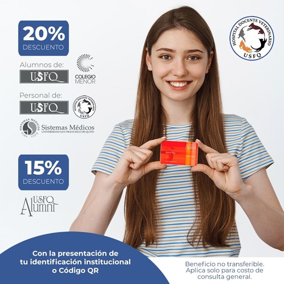 20% DESCUENTO: Alumnos de: USFQ, COLEGIO MENOR. Personal de: USFQ, Sistemas Médicos. 15% DESCUENTO: Alumni. Con la presentación de tu identificación institucional o Código QR. Beneficio no transferible. Aplica solo para costo de consulta general.