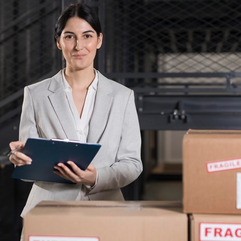 Mujer profesional supervisando mercancías con portapapeles de documentos, para el curso de Comercio y Logística Global de la USFQ